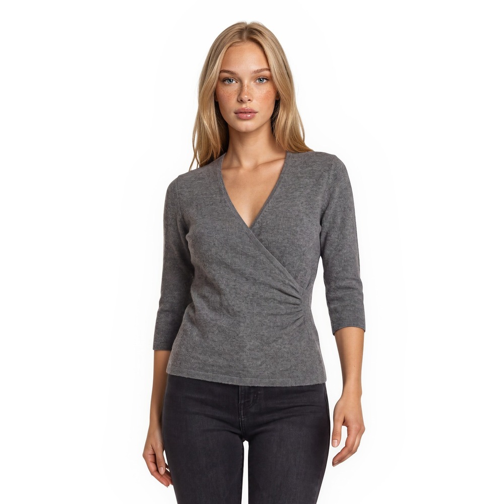 Ann Taylor Cashmere Sweater Women's Size Small Gray Sparkle Silver Faux Wrap